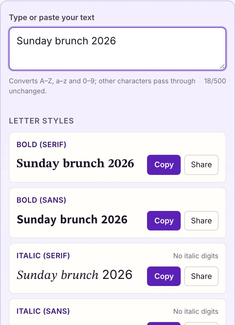 The fancy text generator at phone width with the words Sunday brunch 2026 converted into bold, bold sans, italic and other styles, each with Copy and Share buttons